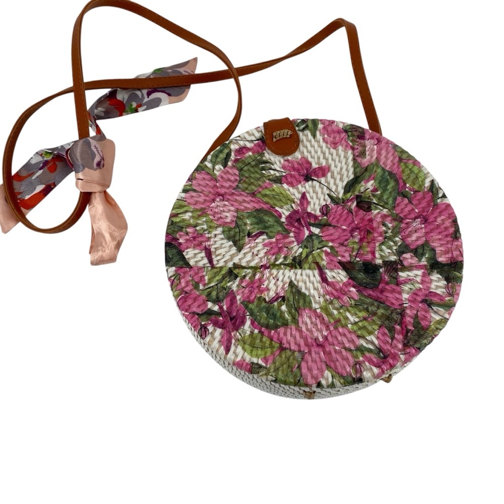 Floral Round Straw Rattan Crossbody Bag with Scarf Accent – 8" Diameter